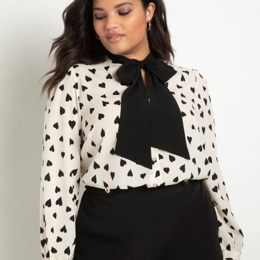 Heart Print Tie Neck Blouse
